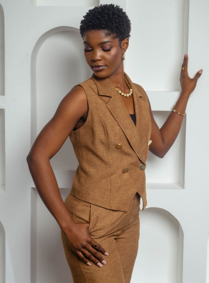 Chic Sleeveless Brown Linen Set - Code 566