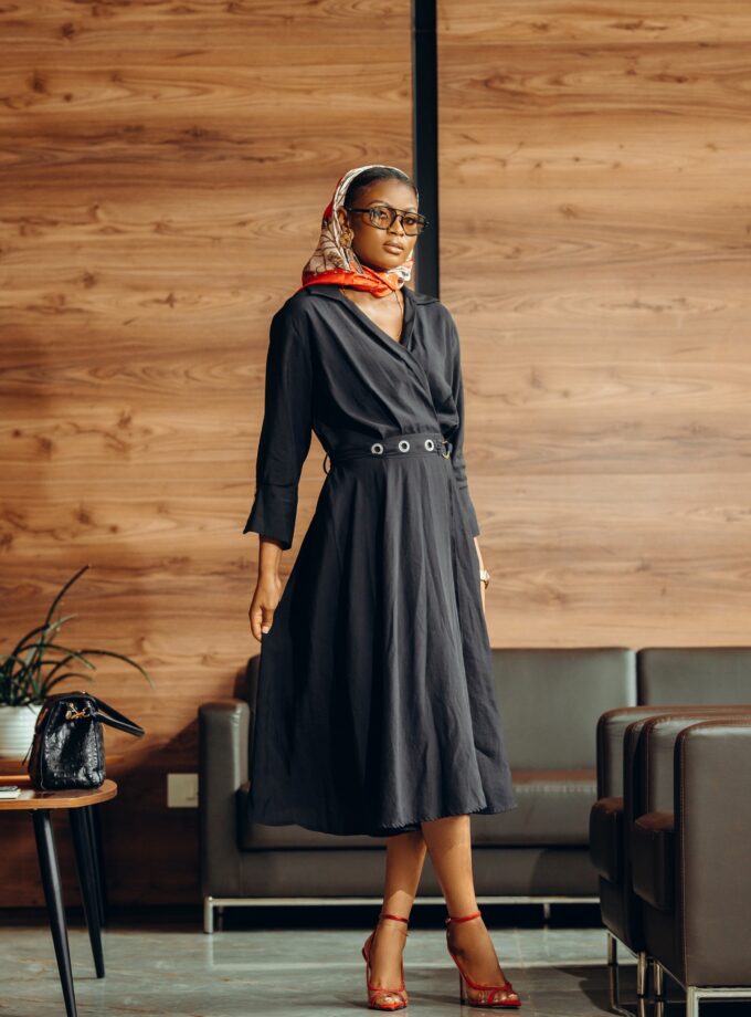 Sleek Black Dress with Belt - Code 497